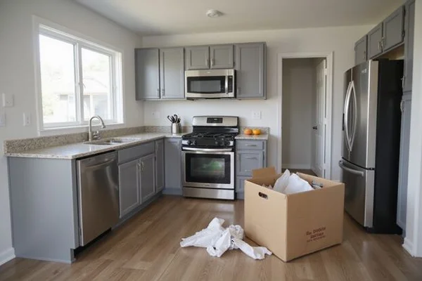 A San Antonio apartment kitchen mid-move-in