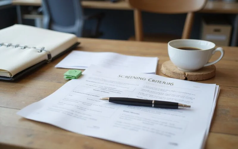 A leasing office desk with a printed screening criteria sheet