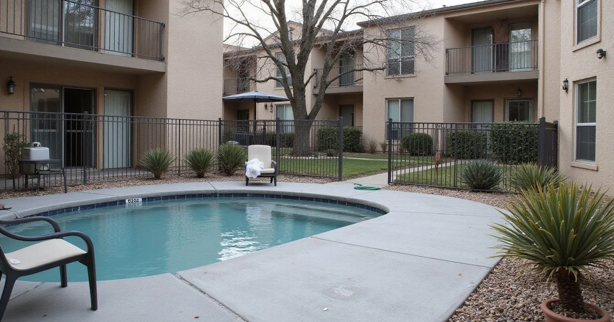 A San Antonio apartment courtyard in winter, the deepest concession window of the year