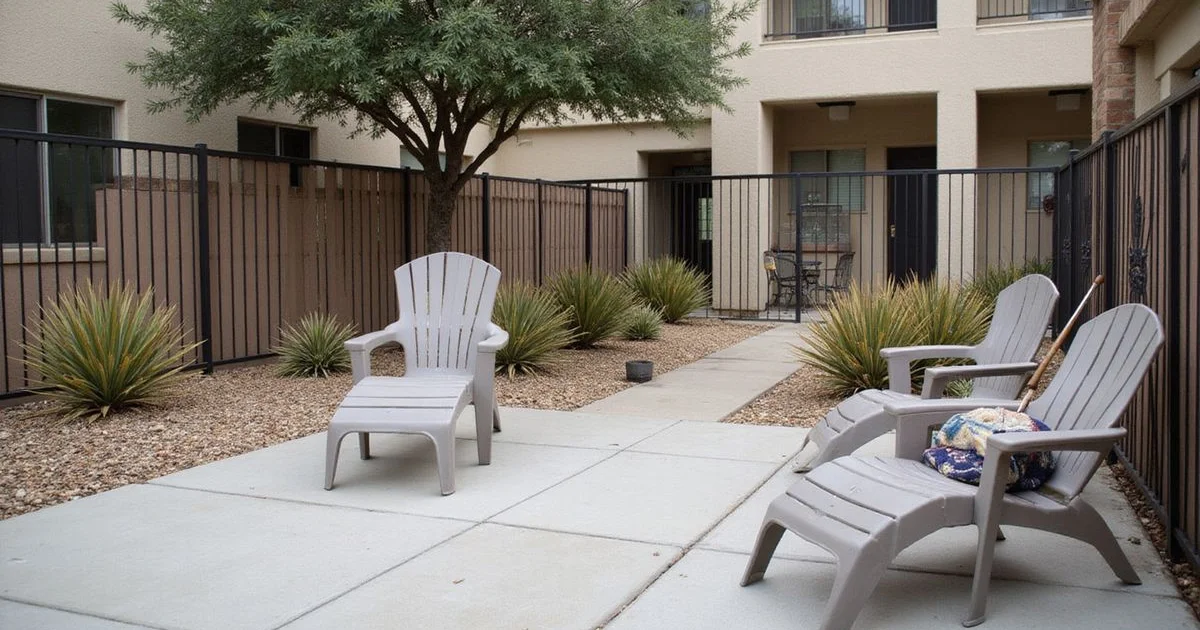 A San Antonio apartment courtyard in flat winter light, the low-demand leasing season