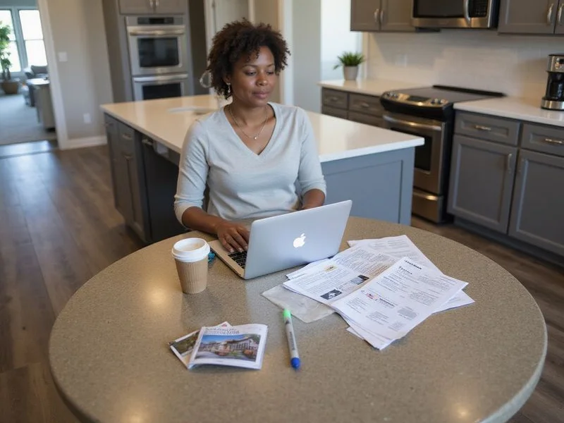 A renter comparing printed apartment listings at a kitchen counter