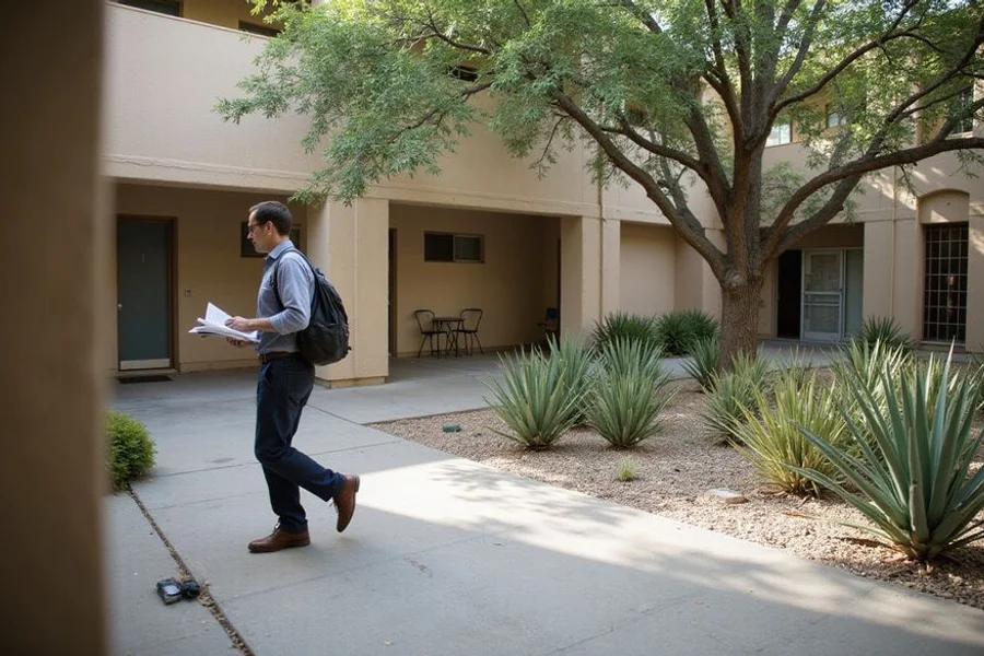 An agent walking a San Antonio apartment community courtyard