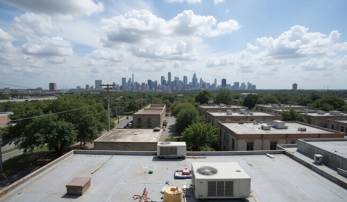 The San Antonio skyline seen at a distance in flat daylight