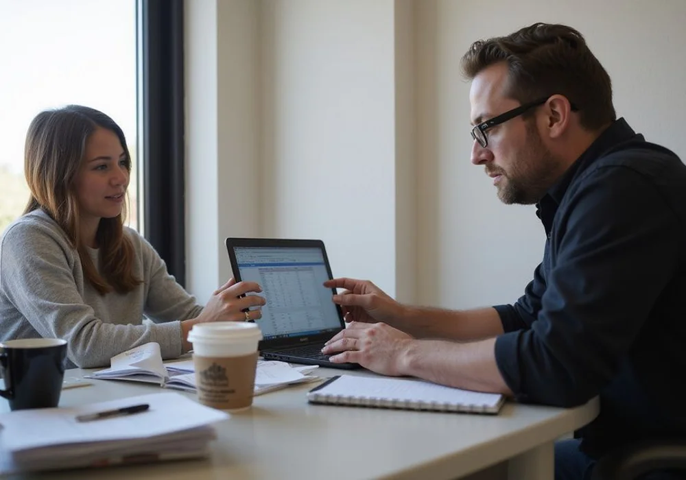 Two apartment locating agents reviewing screening data at a shared desk